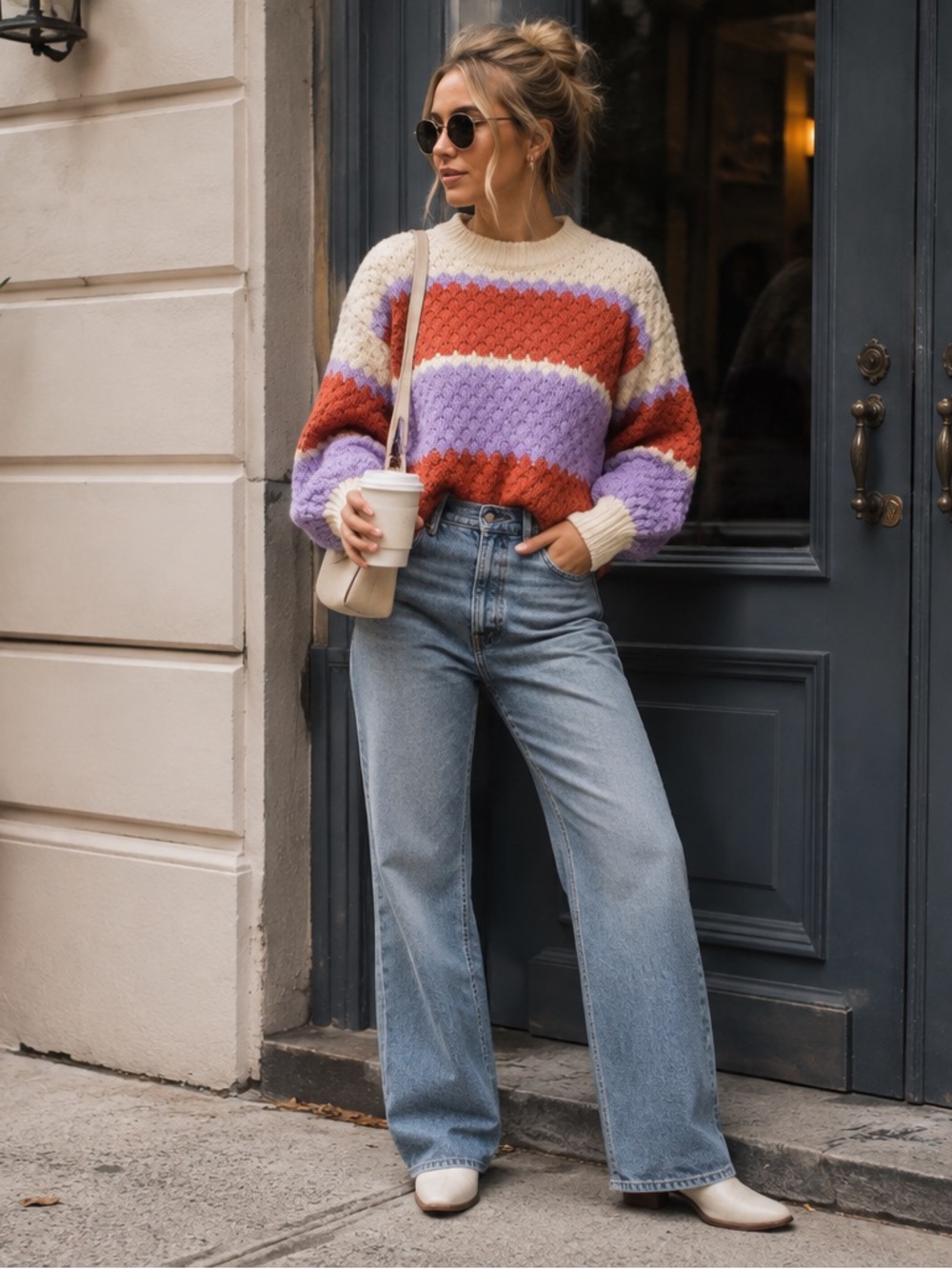 Debut Chunky Cable Knit Striped Cozy Oversized Sweater Small